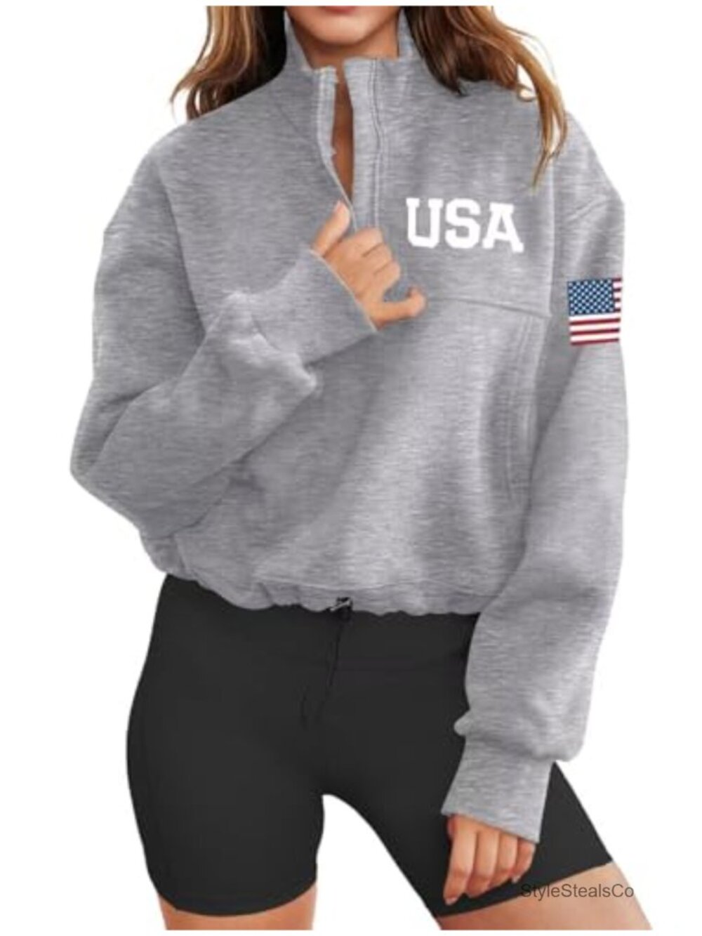Long Sleeve American Flag Half Zip Sweatshirt Cropped USA Pullover